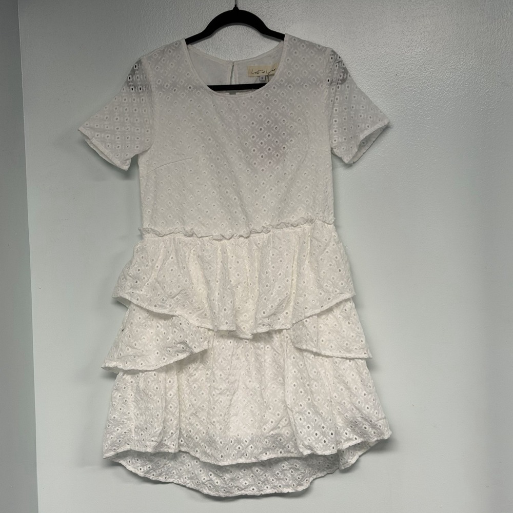 Lost in Lunar White Eyelet Lace Tiered Mini Dress Small Boho Dainty Cottagecore